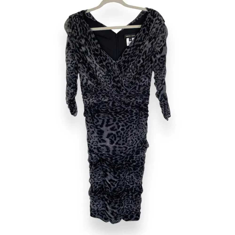 TADASHI SHOJI Leopard Print Graphite Gray Ruched Dress Size XS NWT Party